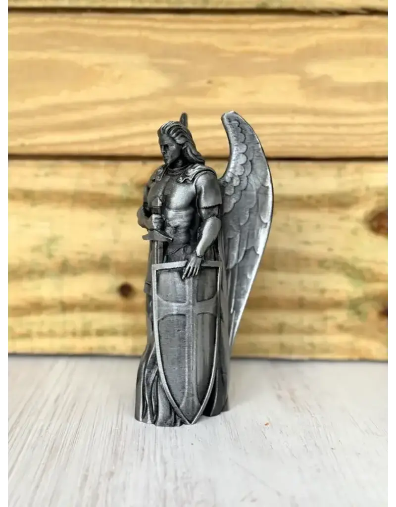 Be Still Prayer Space 3D printed: 5" St. Michael with shield Statue - Pewter | Be Still Prayer Space