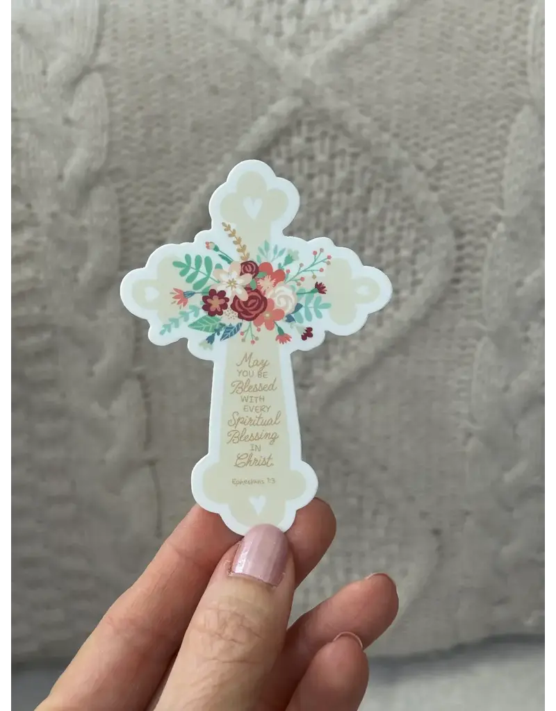 Be Still Prayer Space Cross and flowers sticker with “Blessed,” Eph 1:3 verse|Be Still Prayer Space
