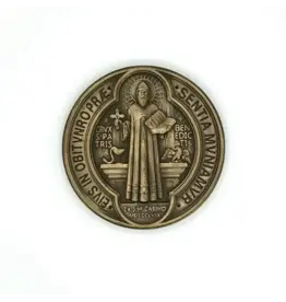 Be Still Prayer Space 3D Printed St. Benedict Medal Wall Plaque 8" | Golden Bronze,  St. Benedict Side Image | Be Still Prayer Space