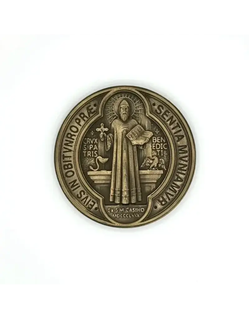 Be Still Prayer Space 3D Printed St. Benedict Medal Wall Plaque 8" |front image, Golden Bronze