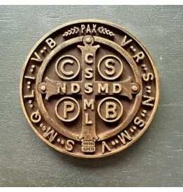 Be Still Prayer Space 3D Printed St. Benedict Medal Wall Plaque 8" | Golden Bronze, Cross Side Image | Be Still Prayer Space