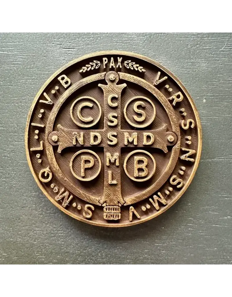 Be Still Prayer Space 3D Printed St. Benedict Medal Wall Plaque 8" | Golden Bronze, cross side image
