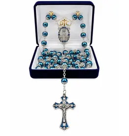 Devon Trading Company Pantene Blue Pearl Silver Double Capped Rosary – Miraculous Mary, 8mm