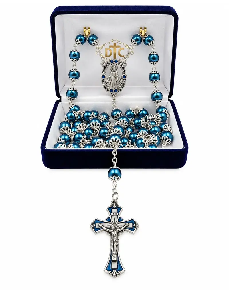 Devon Trading Company Pantene Blue Pearl Silver Double Capped Rosary – Miraculous Mary, 8mm