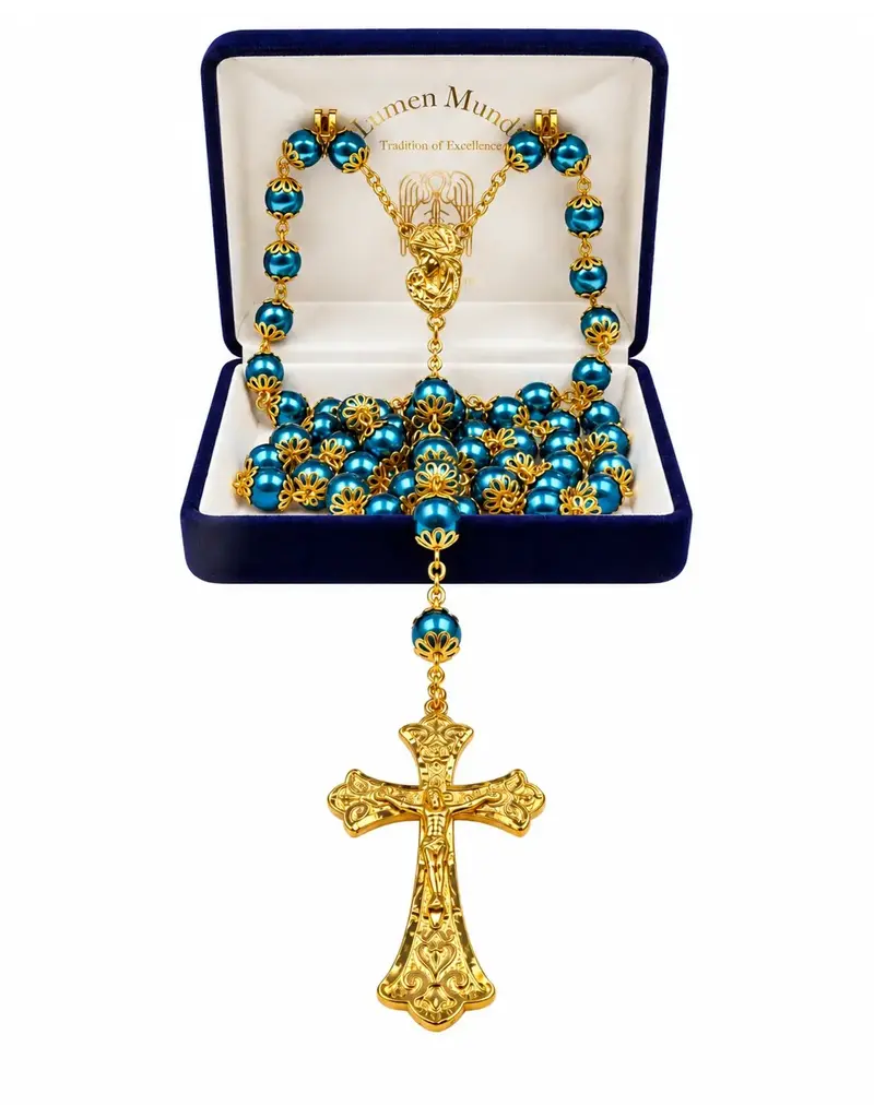 Devon Trading Company Pantene Blue Pearl Gold Double Capped Rosary – Mother & Child, 8mm