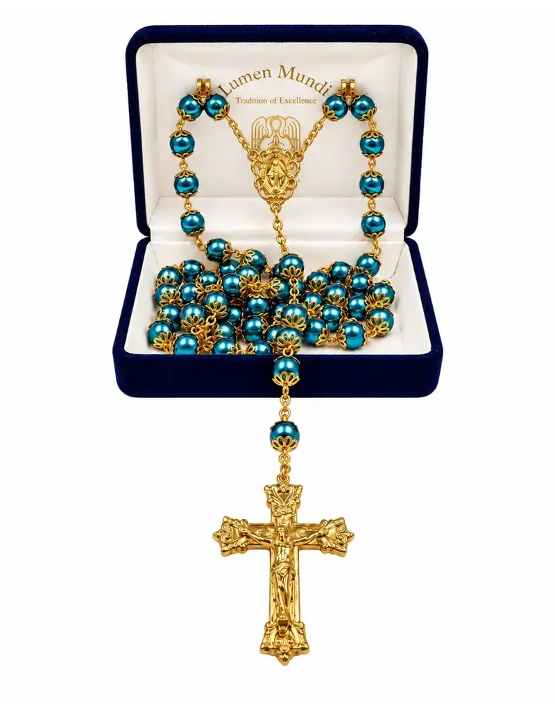 Devon Trading Company Pantene Blue Pearl Gold Double Capped Rosary – Miraculous Mary, 8mm