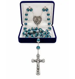 Devon Trading Company Pantene Blue Pearl Silver Double Capped Rosary – Mother & Child, 8 mm