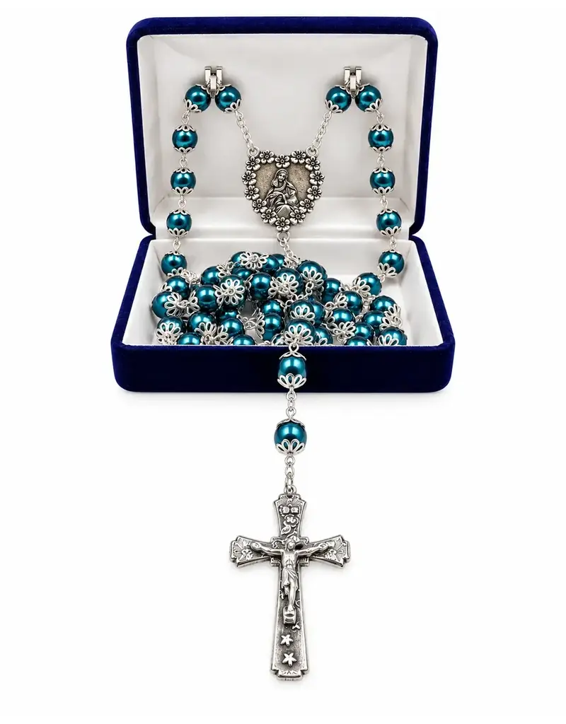 Devon Trading Company Pantene Blue Pearl Silver Double Capped Rosary – Mother & Child, 8 mm