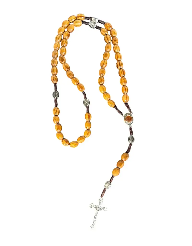 Wallace Brothers Manufacturing Olivewood Corded Rosary with Jerusalem Soil Centerpiece