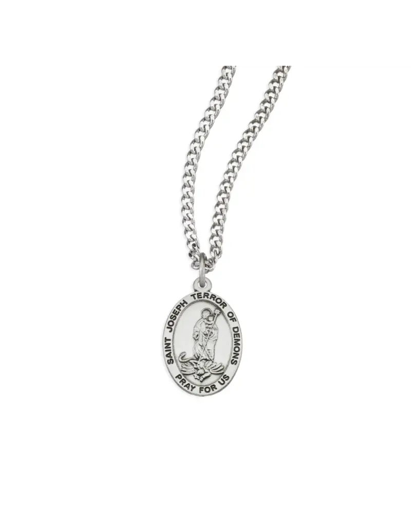 HMH Religious Sterling Silver Small Oval St. Joseph Terror of Demons Medal with 18" Chain