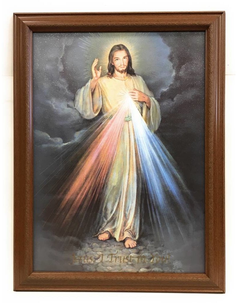 WJ Hirten 26" x 19" Divine Mercy with Walnut Finish Frame and Golden Accents