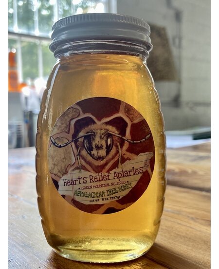 Heart's Relief Appalachian Tree Honey, classic queenline jar, 8 oz. (227g)
