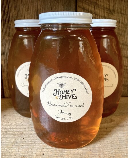 Local Basswood/Sourwood Honey, classic queenline jar, 2 lbs. (907g)