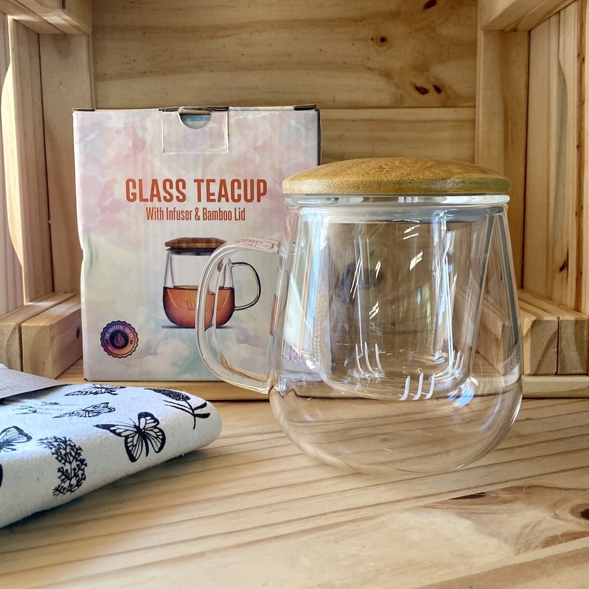 The Grateful Tea Co. Glass Teacup w/ infuser & Bamboo lid (15oz.)