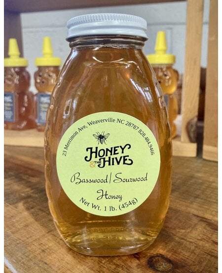 Local Basswood/Sourwood Honey, classic queenline jar, 1 lb. (454g)