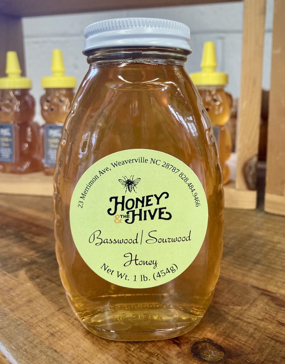 Honey & the Hive Local Basswood/Sourwood Honey, classic queenline jar, 1 lb. (454g)