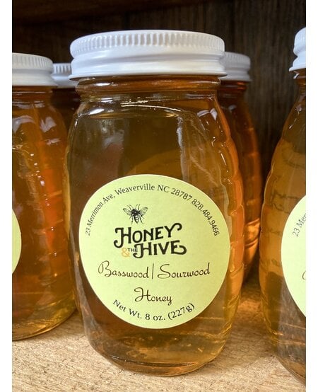 Local Basswood/Sourwood Honey, classic queenline jar, 8 oz. (227g)