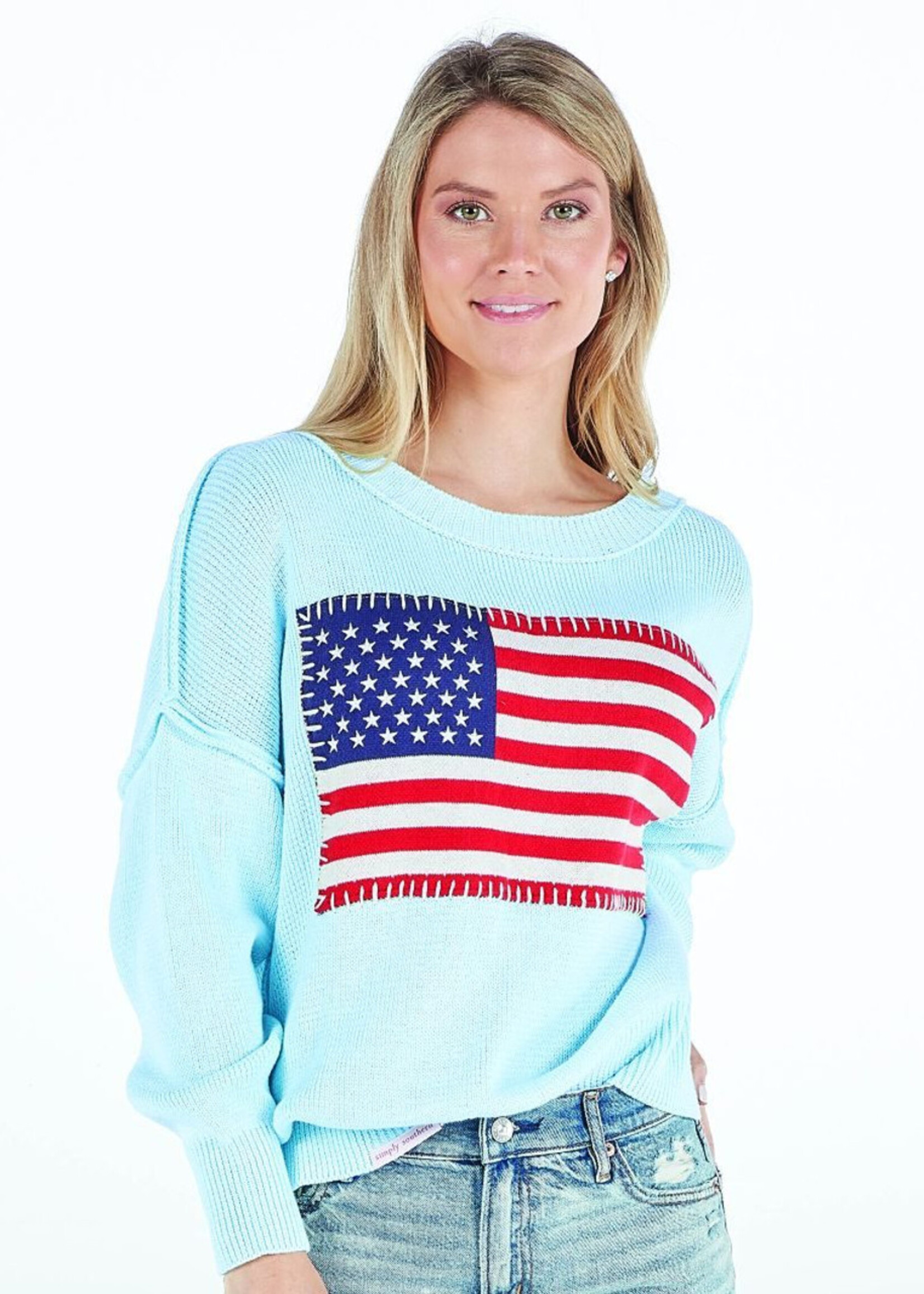 USA Flag Stitched Sweater (Surf & Seafoam)