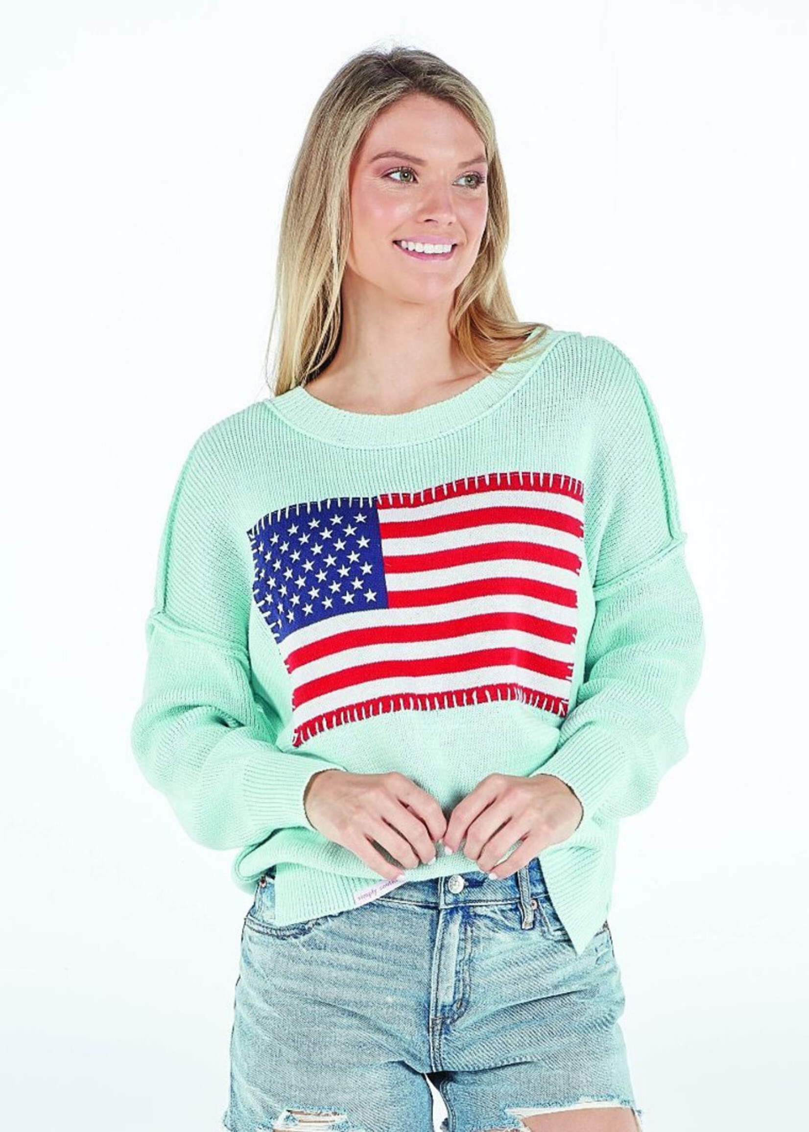 USA Flag Stitched Sweater (Surf & Seafoam)