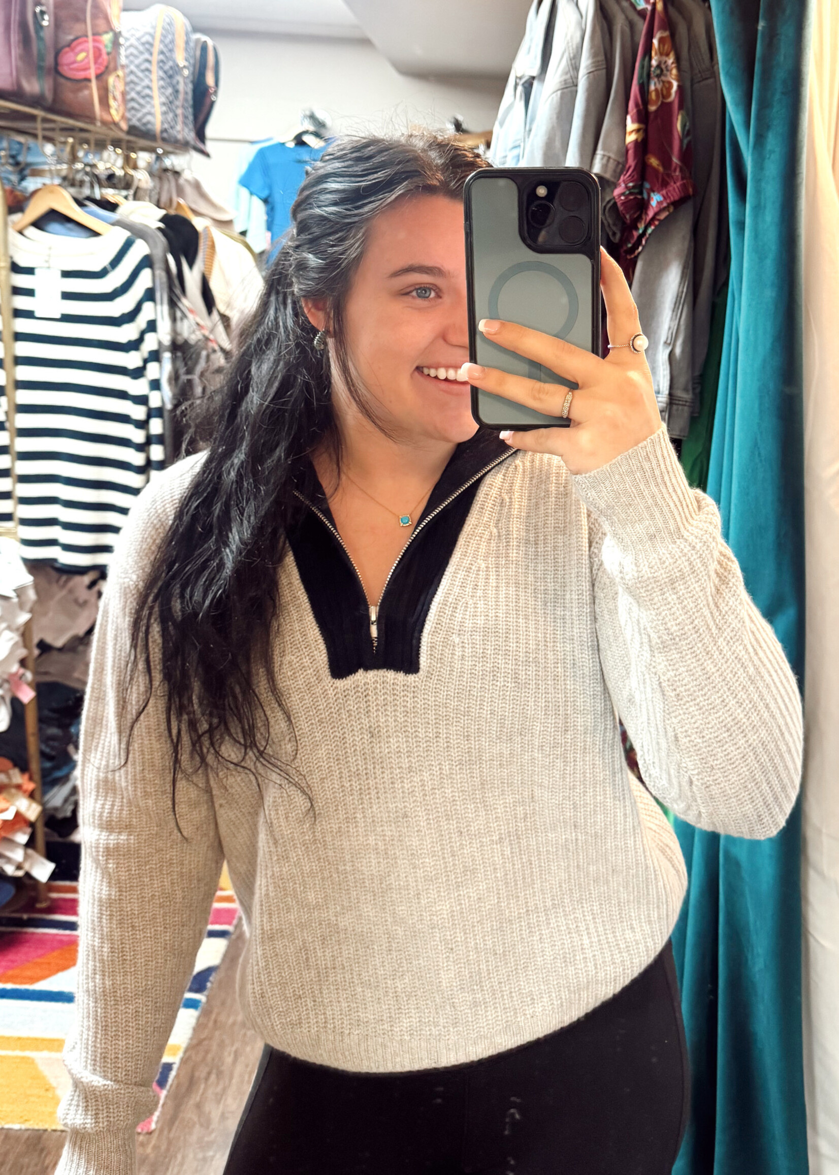 Autumn Cashmere 2-Tone Shaker Stitch Half Zip Mock