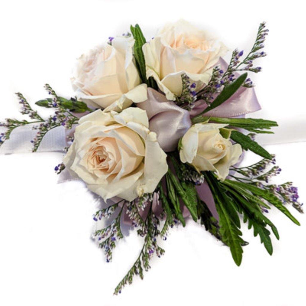 Wrist Corsage: Ivory Spray Roses w/ Lavender