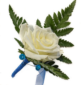 Boutonnière : White Rose w/ Blue