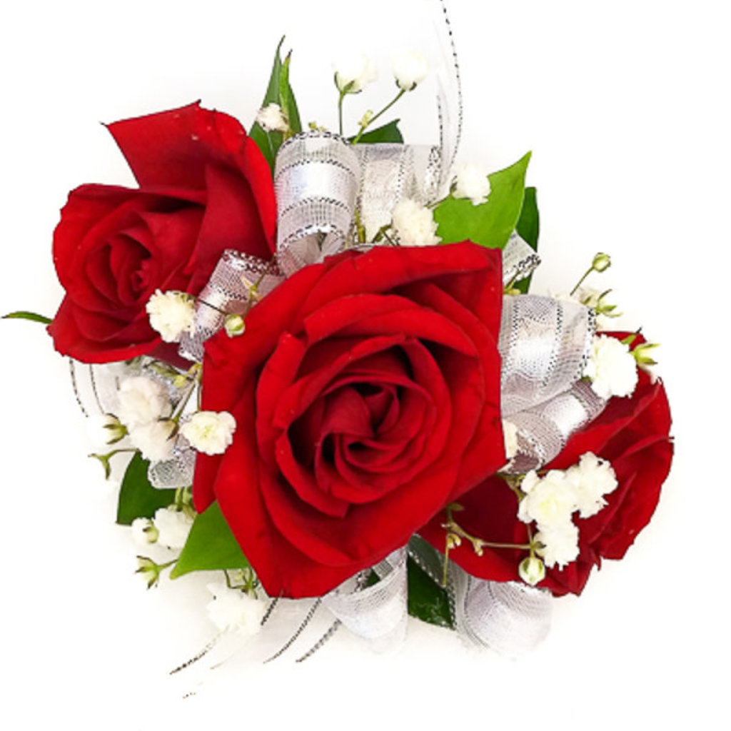 Wrist Corsage: Red Spray Roses w/ Silver