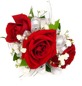 Wrist Corsage: Red Spray Roses w/ Silver
