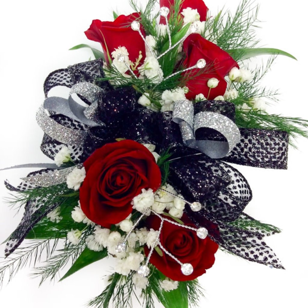 Wrist Corsage: Red Spray Roses w/ Black & Silver
