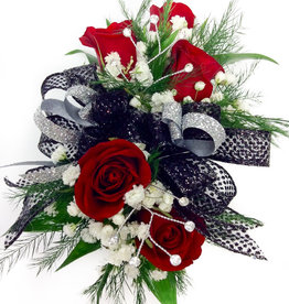 Wrist Corsage: Red Spray Roses w/ Black & Silver