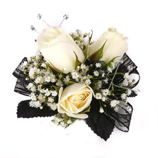 Wrist Corsage: Ivory Spray Roses w/ Black