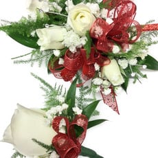 Wrist Corsage & Boutonnière : Ivory Spray Roses w/ Red