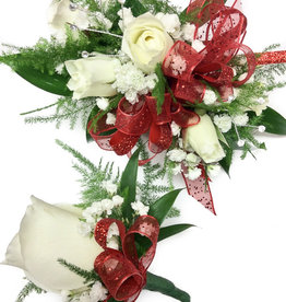 Wrist Corsage & Boutonnière : Ivory Spray Roses w/ Red