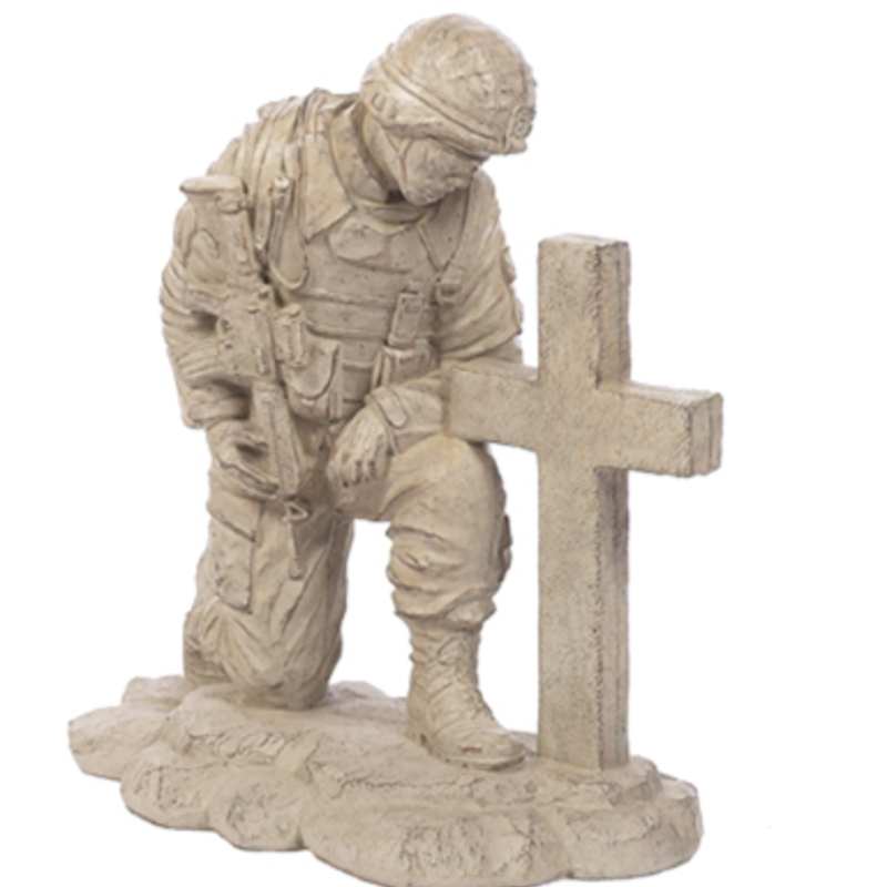 Statuary Kneeling Soldier at Cross 22"