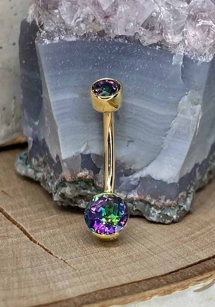 Anatometal Partial Bezel Navel Curve Yellow Gold Mystic Topaz 14g 7/16 4mm x 6mm Threaded