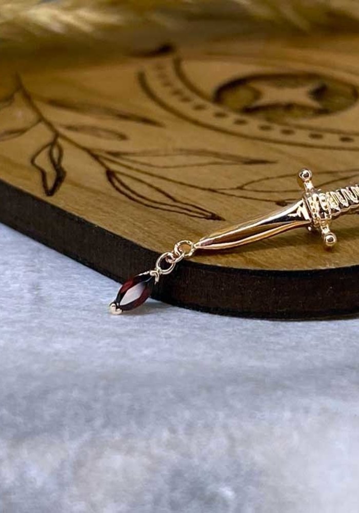 BVLA Kiss of Death Dagger 14K Rose Gold With Marquise Prong Genuine AA Garnet Dangle on Chain 14g Threaded