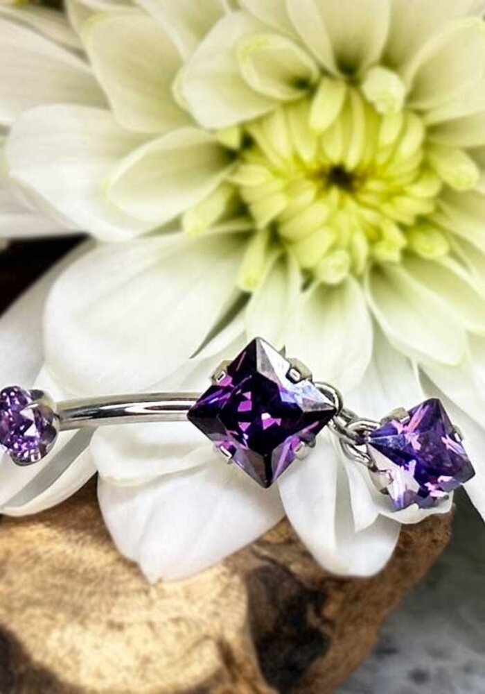 Intrinsic Princess Cut Navel Curve Amethyst CZ 4mm x 8mm with 6mm Charm Dangle 14g 5/16" Threaded