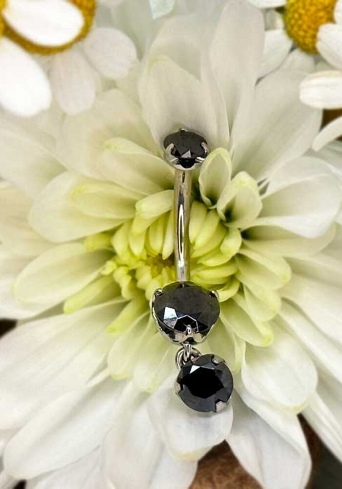 Intrinsic Brilliant Cut Navel Curve Black CZ 4mm x 6mm with 4mm Charm Dangle 14g 7/16" Threaded