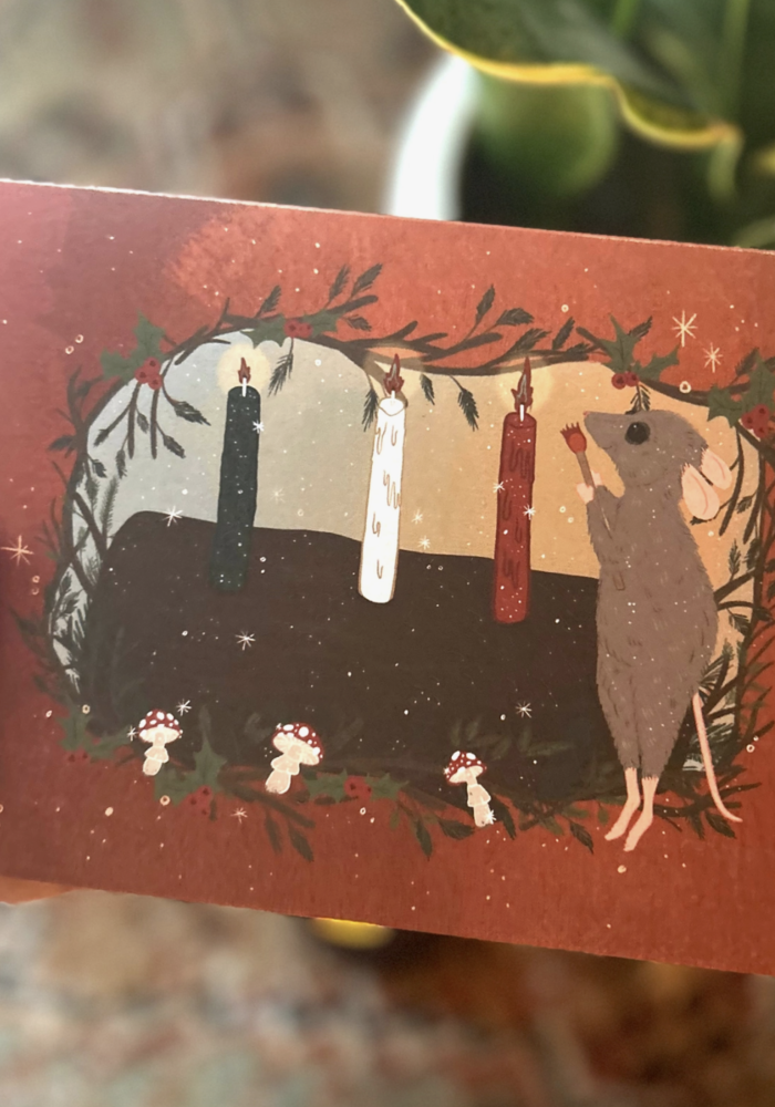 Charming Holiday Card: Adorable Mouse Lighting Yule Log Candle