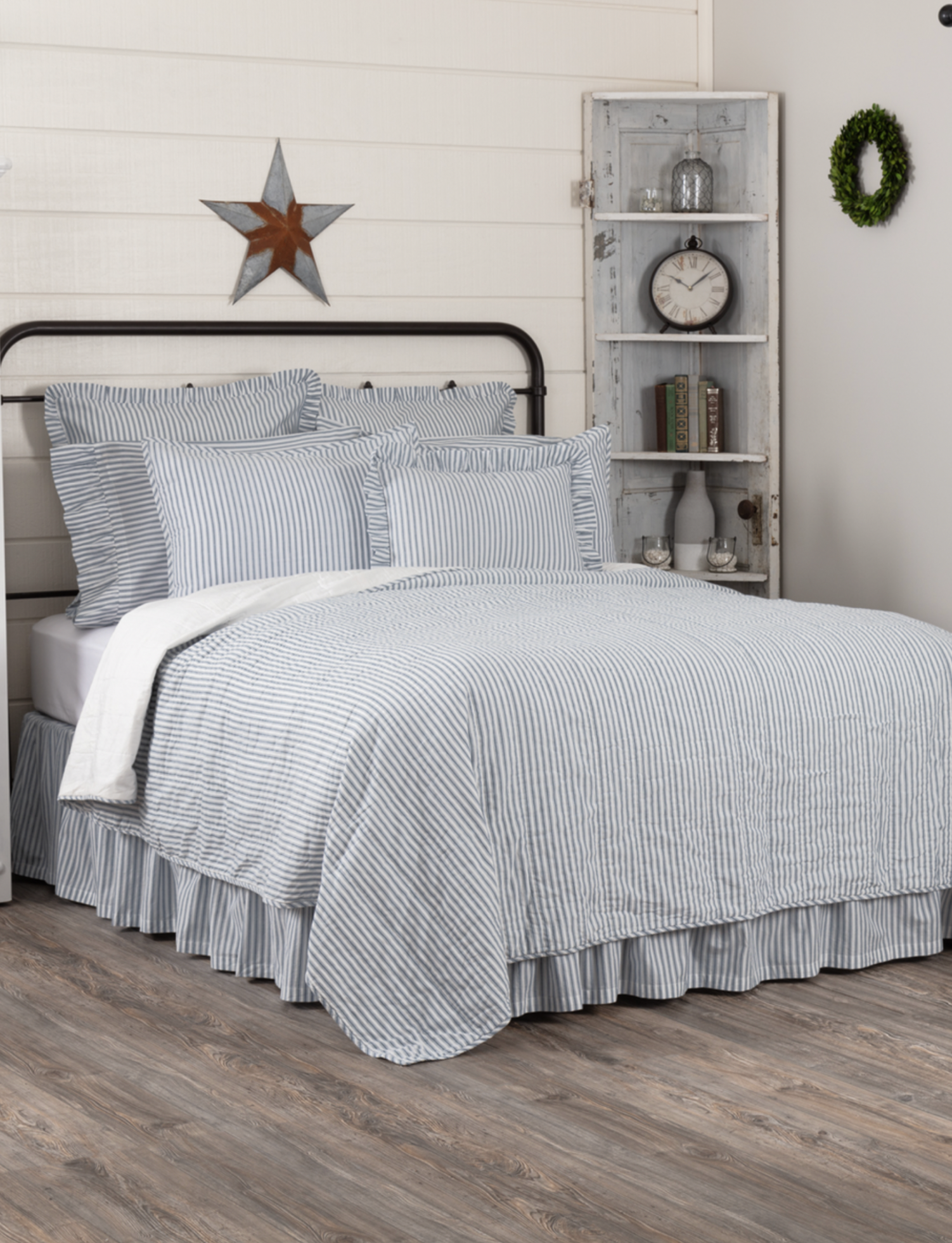SAWYER MILL King Bed Skirt Farmhouse Country Charcoal Gray/Creme Stripe VHC 