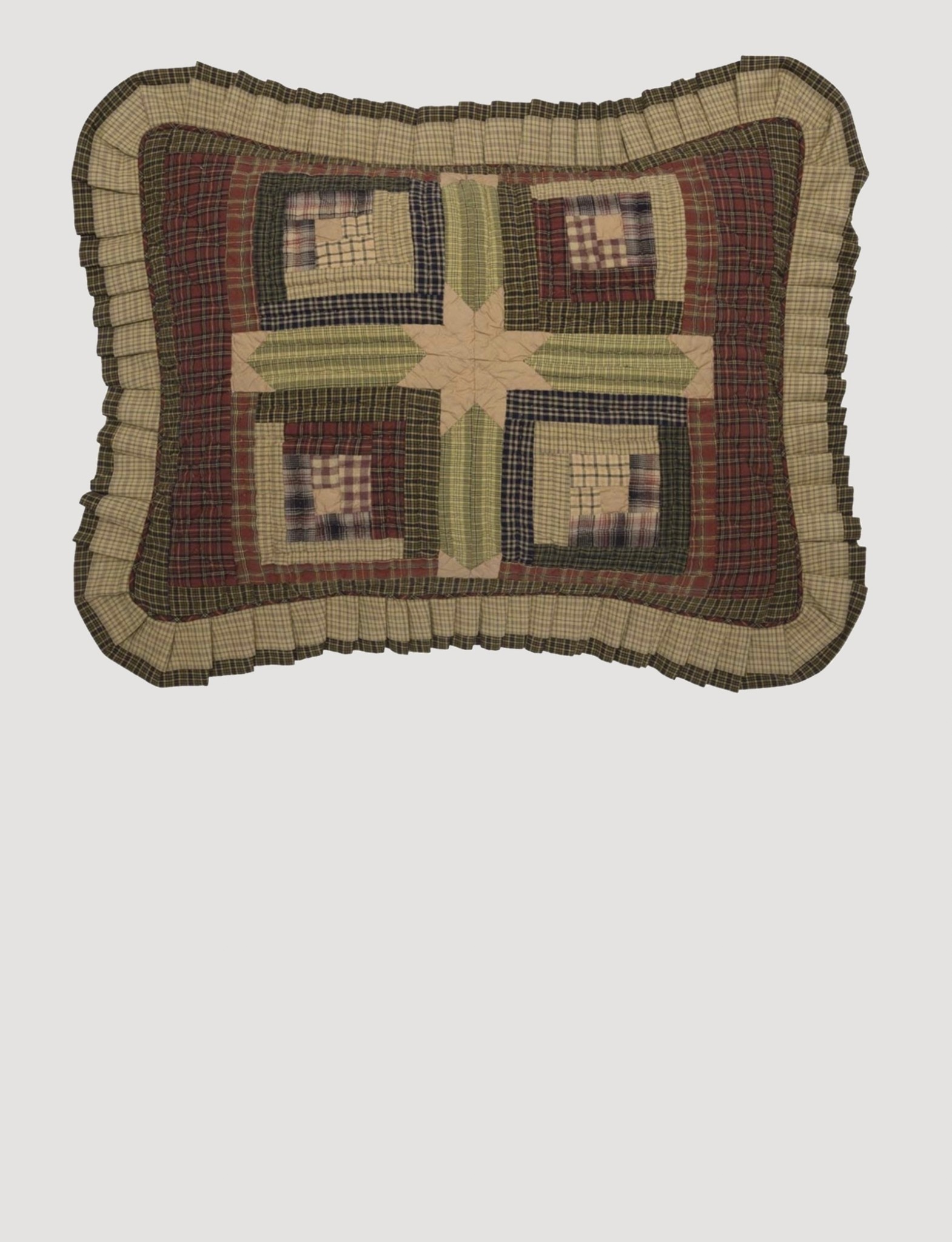 TEA CABIN Euro Sham Fabric Ruffled Green Plaid Primitive Rustic Lodge Cabin VHC TEA CABIN Euro Sham Fabric Ruffled Green Plaid Primitive Rustic Lodge Cabin VHC