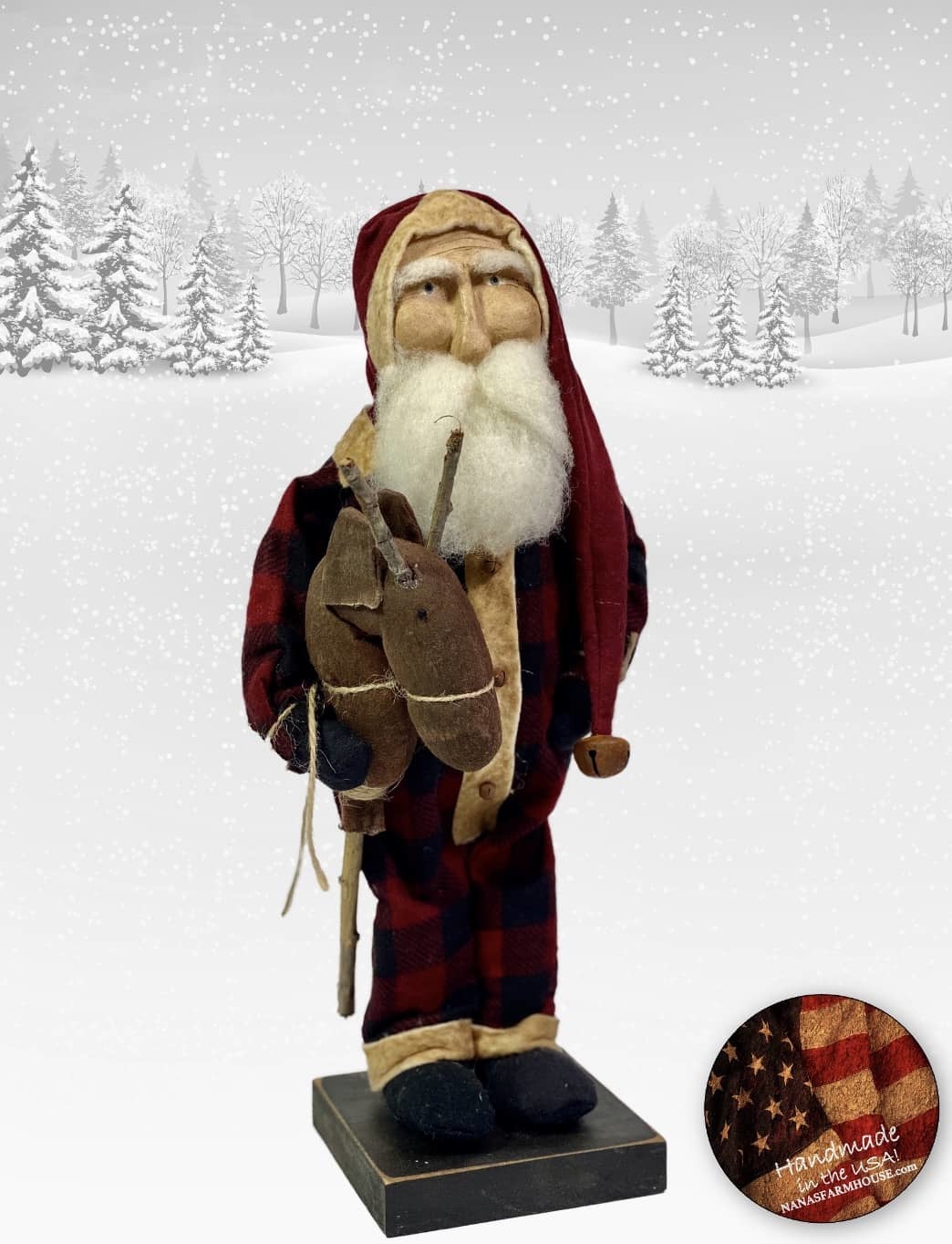 Nana's Farmhouse Primitive Santa in Buffalo Check holding Reindeer Stick Toy - 13" T Brand: Nana's Farmhouse