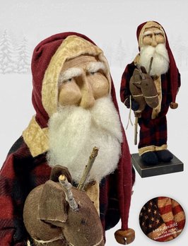Nana's Farmhouse Primitive Santa in Buffalo Check holding Reindeer Stick Toy
