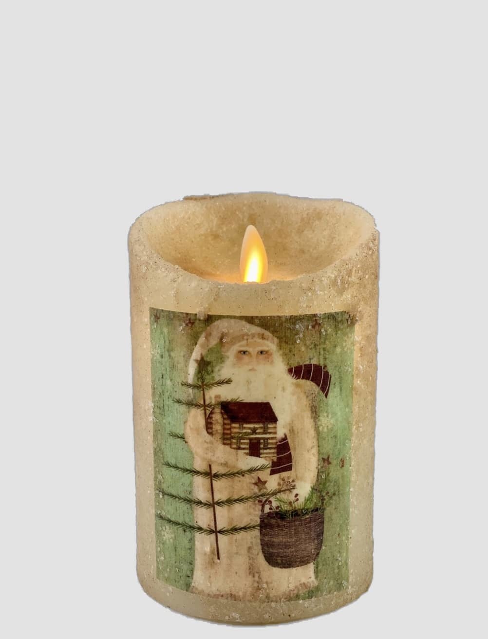 Nana's Farmhouse Santa Holding Basket Ivory Moving Flame Pillar Candle - 3.5x5 Brand: Nana's Farmhouse
