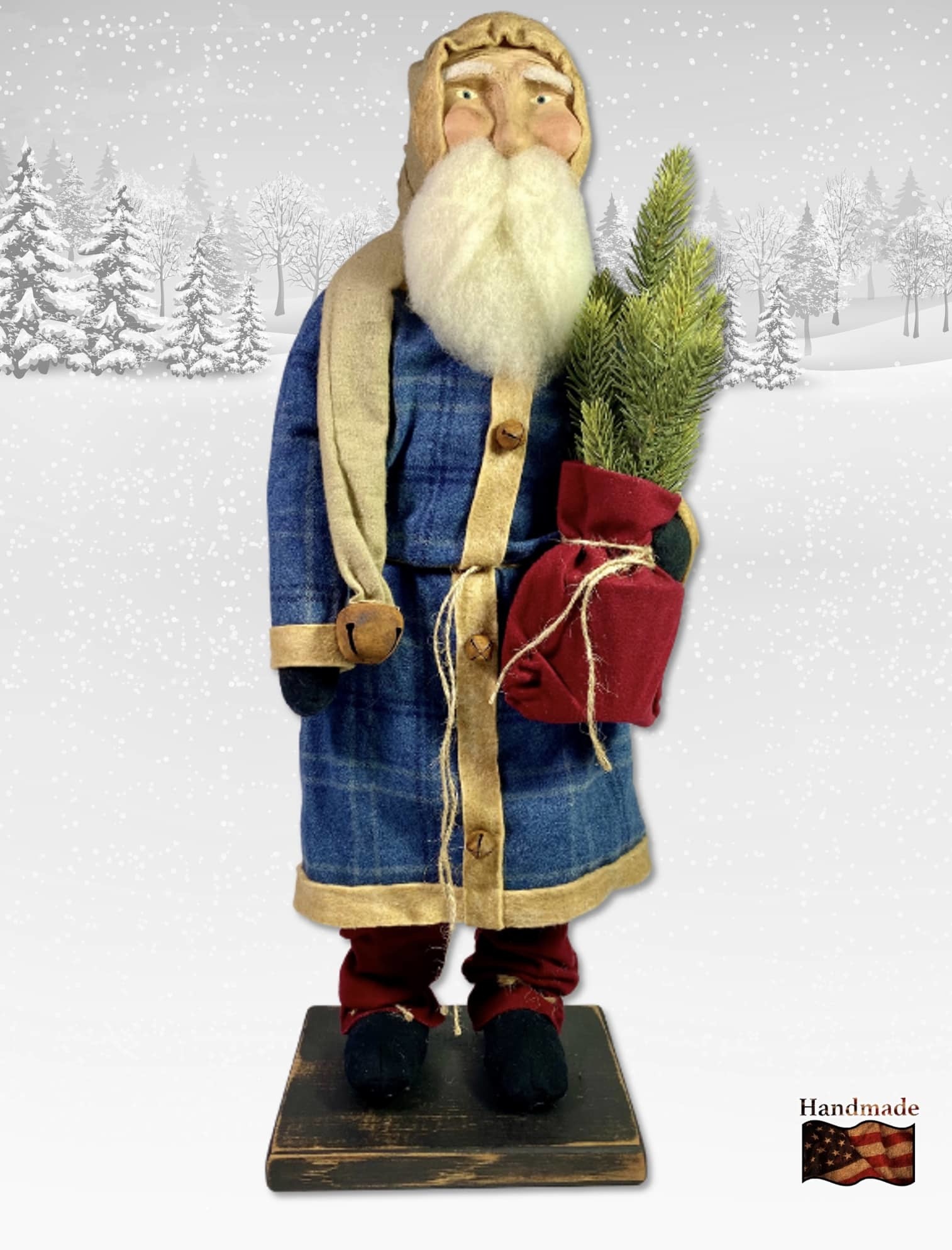 Olde Thyme Creations Santa Blue Plaid Coat Red Pants Tan Cap Holding Tree - 21" T Brand: Olde Thyme Creations