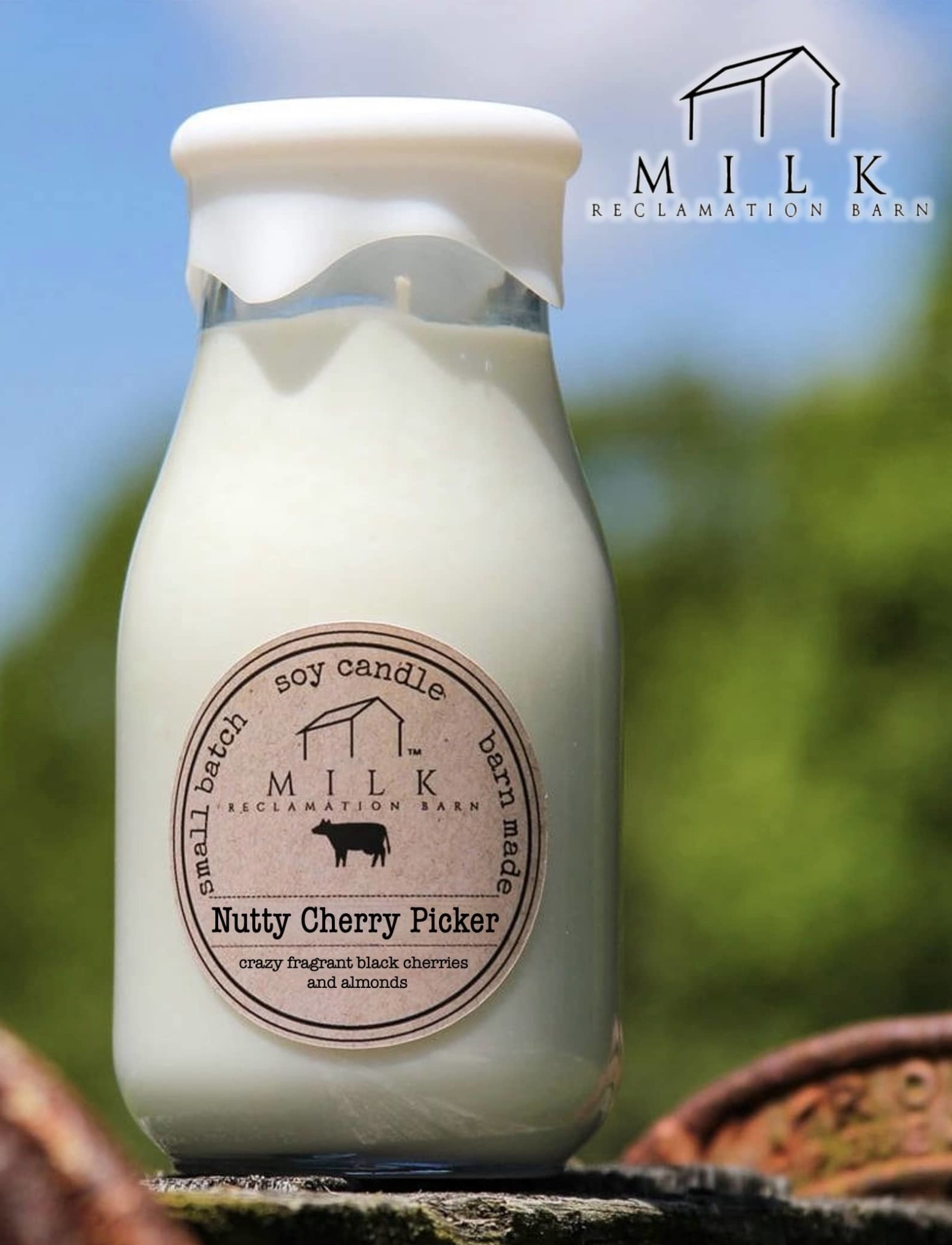 Milk Reclamation Barn Candles Nutty Cherry Picker Soy Milk Bottle Candle - 16oz Brand: Milk Reclamation Barn Candles