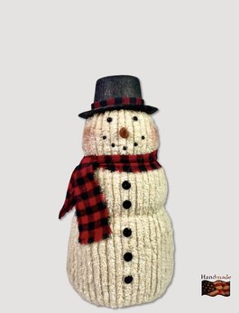 Nana's Farmhouse Chenille Top Hat Snowman  Red Plaid Scarf - 13"