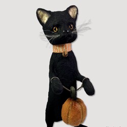 Large Black Cat holding Pumpkin Figurine - 10"
