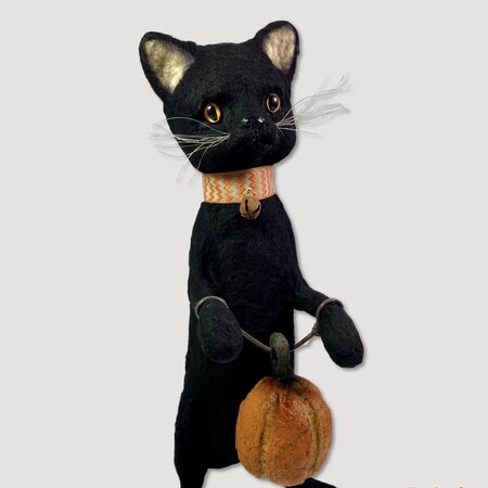 Large Black Cat holding Pumpkin Figurine - 10"