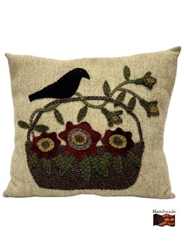 Nana's Farmhouse Wool Pillow Tan with Floral Basket & Crow Applique